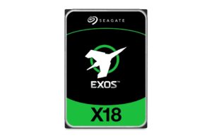 Ein Seagate Exos X18 Festplattenlaufwerk mit schwarz-grünem Design und einem stilisierten Flugzeugsymbol.