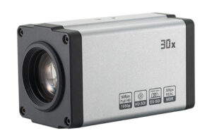 Ein silberner HD-SDI-Kamera-Block mit einem 30-fachen optischen Zoom und verschiedenen technischen Spezifikationen auf der Seite, darunter 60fps Full HD 1080p, EX-SDI-Unterstützung und WDR.