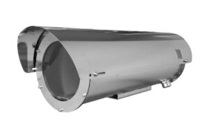 Ein zylindrisches, metallisches Gehäuse, das möglicherweise für eine Sicherheitskamera oder ein Überwachungsgerät gedacht ist, mit mehreren Schrauben und einer Öffnung an der Vorderseite.
