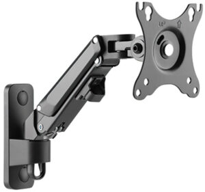 Ein schwarzer, verstellbarer Monitorarm mit Wandhalterung und VESA-kompatibler Platte.