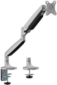 Ein verstellbarer Monitorarm aus Metall mit Klemme für die Tischmontage, inklusive einer Halterung zur Befestigung eines Monitors unten rechts.