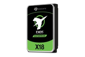 Seagate Exos Enterprise X18 Festplatte mit grün-schwarzem Design und einem Flugzeug-Logo.