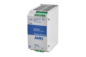 Metallisches Netzteil von AMG Systems mit blauer und weißer Beschriftung, das eine Ausgangsspannung von 48 VDC bei 95-120-180W und einen Eingang von 115-230VAC aufweist, inklusive Anschlussterminals oben.