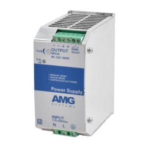 Metallisches Netzteil von AMG Systems mit blauer und weißer Beschriftung, das eine Ausgangsspannung von 48 VDC bei 95-120-180W und einen Eingang von 115-230VAC aufweist, inklusive Anschlussterminals oben.