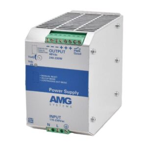Professionelles Netzteil von AMG Systems mit 48VDC und 240-330W Ausgangsleistung, verfügt über Optionen wie manuellen Reset, Hiccup-Modus und kontinuierlichen Ausgangsmodus; Anschlussklemmen gut sichtbar auf der Oberseite.