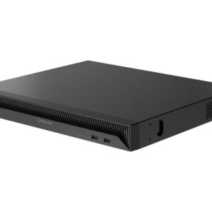 Ein flacher, schwarzer Netzwerkspeicher- oder Servergerät mit der Aufschrift "Hanwha" auf der Vorderseite, zwei USB-Anschlüssen und Lüftungsschlitzen an den Seiten.