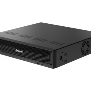 Ein schwarzer Netzwerkrekorder von Hanwha mit Lüftungsschlitzen und zwei USB-Anschlüssen an der Vorderseite.