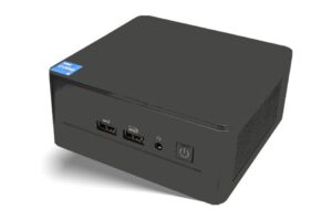 Ein schwarzer Mini-PC mit Intel Core-Logo, zwei USB-Anschlüssen, einem Audioanschluss und einem Netzschalter auf der Vorderseite.