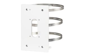 Eine weiße Halterung mit einer großen ovalen Öffnung in der Mitte, die an der Rückseite mit zwei Metallschellen befestigt ist.