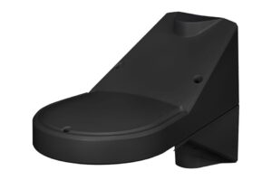 Schwarze Wandtoilette mit modernem, glattem Design aus Kunststoff.