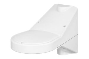 Ein weißer, wandmontierter Toilettensitz in modernem Design, der schräg abwärts zur Sitzfläche verläuft, mit zwei sichtbaren Befestigungslöchern.