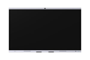 Ein großer, moderner schwarzer Bildschirm mit einem schmalen weißen Rahmen, wahrscheinlich ein interaktives Display oder Smartboard, in einer frontalen Ansicht.