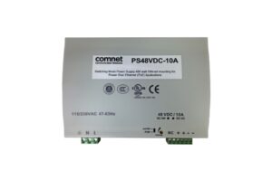 Ein ComNet PS48VDC-10A Schaltnetzteil für DIN-Schienenmontage, geeignet für Power-over-Ethernet-Anwendungen, mit einem Eingang von 115/230VAC und einem Ausgang von 48VDC/10A.