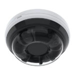 Kuppelförmige Überwachungskamera mit weißem Gehäuse und transparentem Abdeckung, darunter befinden sich mehrere Kameralinsen.