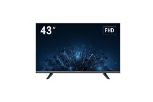 Ein 43-Zoll-Fernseher mit Full HD-Auflösung, umgeben von einem schwarzen Gehäuse, zeigt ein futuristisches, abstraktes Bild auf dem Bildschirm.