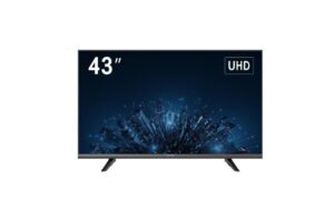 Ein 43-Zoll-UHD-Fernseher mit einem futuristischen Bildschirmhintergrund, der eine Stadt aus Lichtern und Linien darstellt, auf einem weißen Hintergrund.