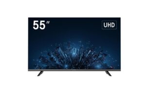 Ein 55 Zoll großer UHD-Fernseher mit einem futuristischen Grafikdesign auf dem Bildschirm, das leuchtende, vertikal angeordnete Linien zeigt.