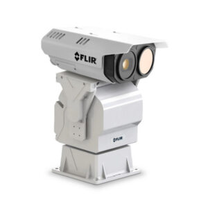 Eine weiße, robuste Wärmebildkamera von FLIR mit doppelten Linsen, montiert auf einem stabilen Sockel zur Überwachung im Freien.