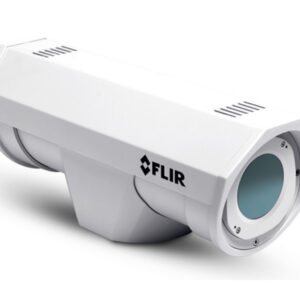 Eine weiße FLIR-Wärmebildkamera mit abgerundeten Ecken und Lüftungsschlitzen, die für Sicherheitsanwendungen geeignet ist.