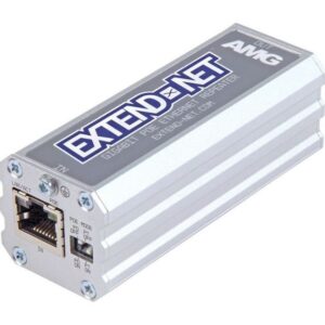 Ein silberner Gigabit PoE Ethernet Repeater von EXTEND-NET mit Anschlüssen und einem Schalter auf der Vorderseite.