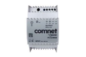 Ein graues ComNet Netzgerät Modell PS-A24060 mit DC-Ausgang (24Vdc, 2.5A) und AC-Eingang (100-240 Vac), montierbar auf einer DIN-Schiene.