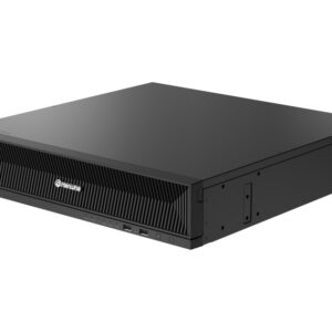 Ein schwarzer elektronischer Rekorder von Hanwha Techwin mit modernem Design und verschiedenen Anschlüssen an der Vorderseite, geeignet für Sicherheits- und Überwachungsanwendungen.