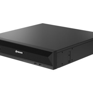 Ein schwarzer Netzwerkrekorder von Hanwha mit Lüftungsschlitzen an der Front und Bedienelementen sowie USB-Anschlüssen an der Vorderseite.