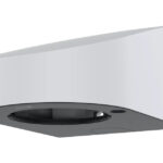 Hängende Dunstabzugshaube mit geschwungenem, rechteckigem Design, überwiegend in Weiß mit schwarzem Bereich an der Unterseite.