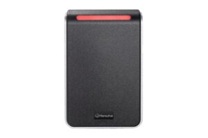 Schwarzer Rechteckscanner mit rotem Licht und Hanwha-Logo unten auf der Vorderseite.