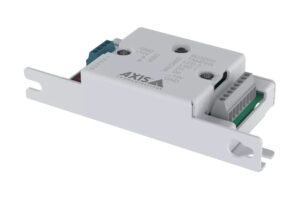 Ein weißes, rechteckiges elektronisches Gerät mit verschiedenen Anschlüssen und der Aufschrift 'AXIS Communications'.
