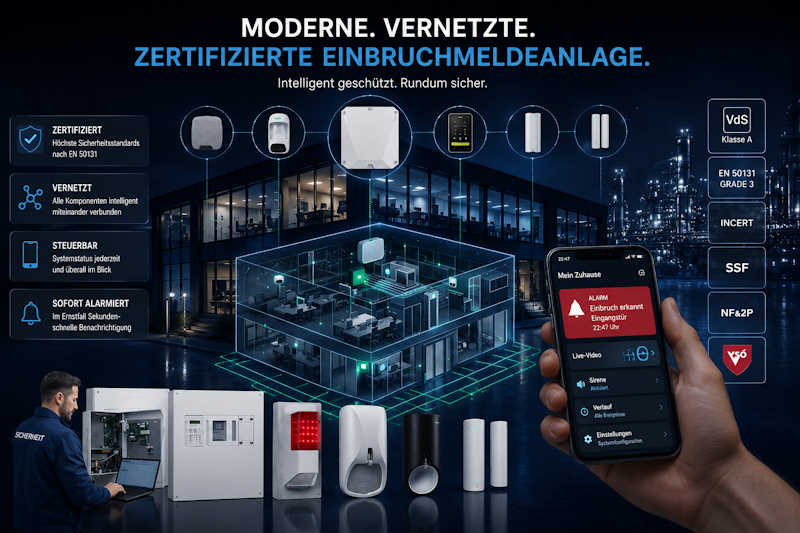 Moderne Einbruchmeldeanlage mit App-Steuerung und intelligentem Einbruchschutz für Unternehmen