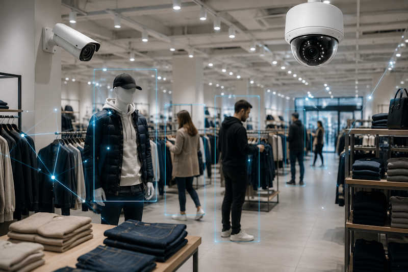 Moderne Verkaufsfläche mit KI-gestützter Videoüberwachung zur Analyse und Sicherheit im Einzelhandel