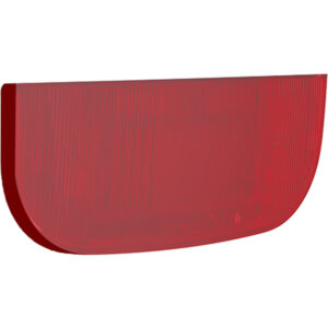 Ein rotes Rücklicht oder Reflektor mit horizontalen Linien auf der Oberfläche, abgerundet an den unteren Ecken.