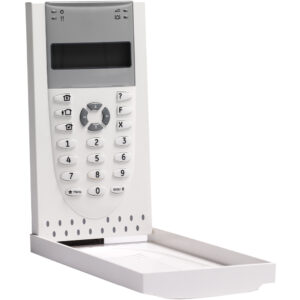 Ein modernes Tastaturbedienfeld mit einem LCD-Bildschirm, nummerierten Tasten und verschiedenen Funktionssymbolen, eingesetzt in einem weißen Rahmen.