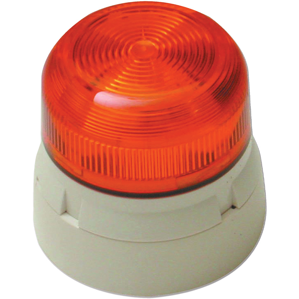 Runde, orangefarbene Warnleuchte mit einem weißen Sockel.