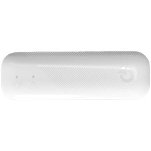 Ein weißer rechteckiger Sensor mit abgerundeten Ecken, der ein Glockensymbol und ein Warndreieck-Symbol aufweist.