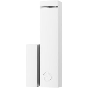 Ein weißer Tür- oder Fenstersensor mit einem schlichten Design und einem kleinen Logosymbol an der Vorderseite.