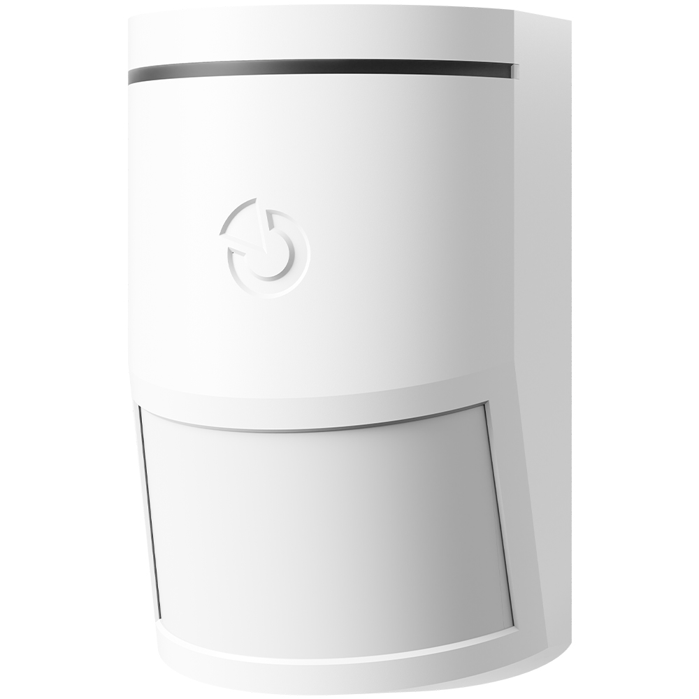 Weißer Wandbewegungsmelder in modernem Design mit abgerundeten Ecken und einem zentralen Logo darauf.