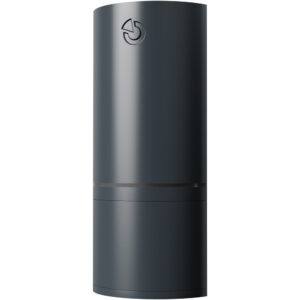 Ein stilvoll gestalteter schwarzer Zylinder mit einem dezenten Symbol oben, das an ein Logo erinnert, möglicherweise für Innenarchitektur oder moderne Haushaltsgeräte geeignet.