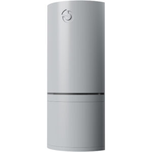 Grauer, schlanker Elektroboiler mit abgerundeter Oberseite und dezentem, kreisförmigem Logo oben.