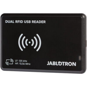 Ein schwarzer Dual RFID USB Reader mit weißem Schriftzug und Symbolen, auf dem "DUAL RFID USB READER" und Frequenzen für LF und HF in kHz und MHz angegeben sind. Die Marke ist im unteren rechten Bereich vermerkt.