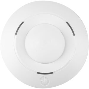 Ein weißer runder Rauchmelder oder Bewegungsmelder mit einem zentralen, erhabenen Bereich und einem schlichten, modernen Design.