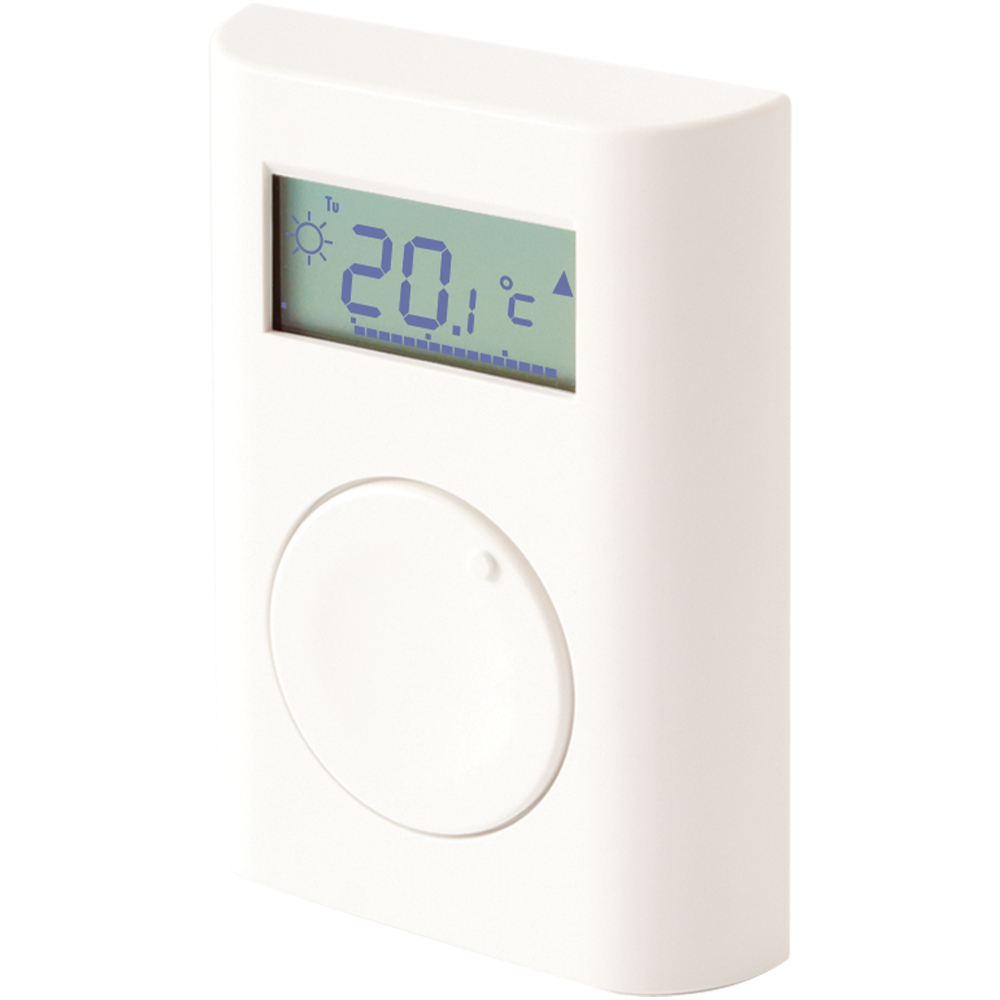 Weißes digitales Thermostat mit Display, das 20,1 Grad Celsius anzeigt.