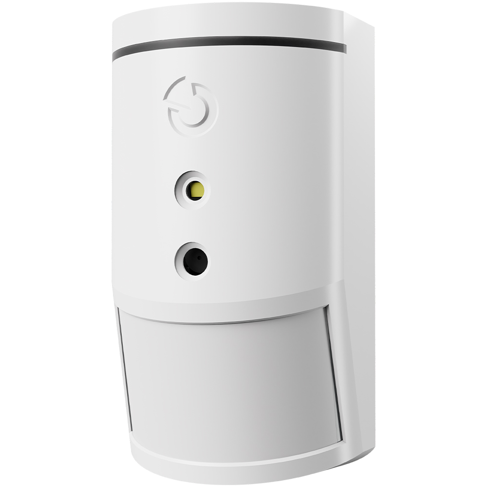 Ein weißer Bewegungssensor mit zwei runden Öffnungen in der Mitte und einem beweglichen Teil unten. Das Gerät hat ein schlichtes, modernes Design.