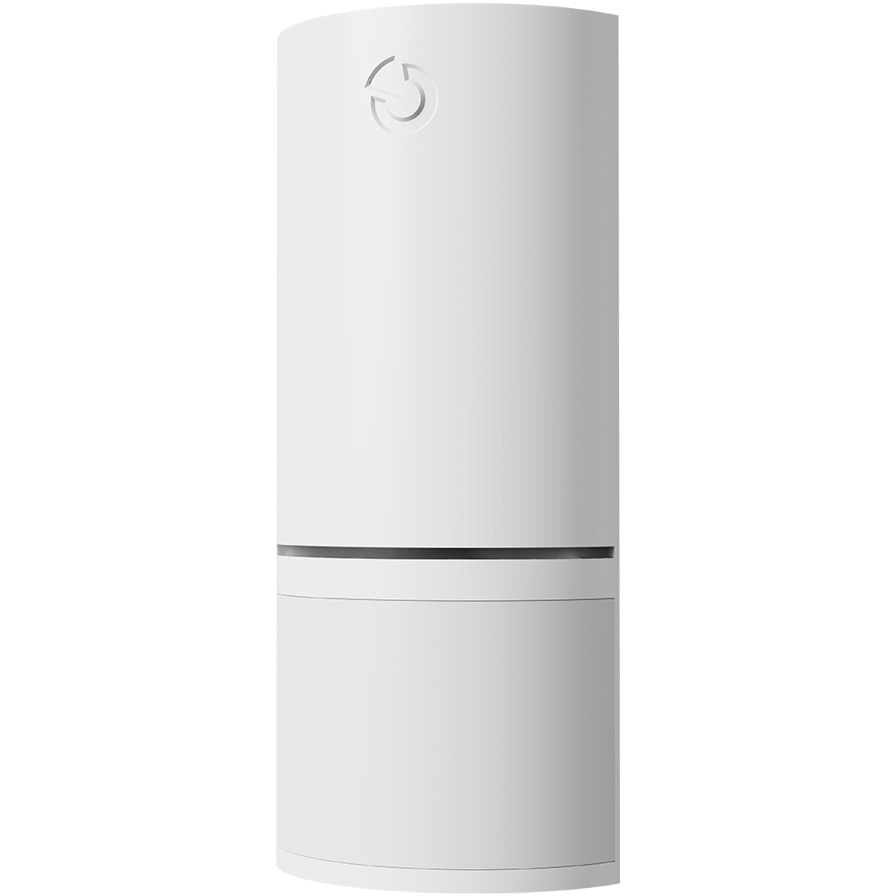 Ein moderner weißer Luftreiniger mit einem minimalistischen Design und einem kleinen Logo an der Vorderseite.