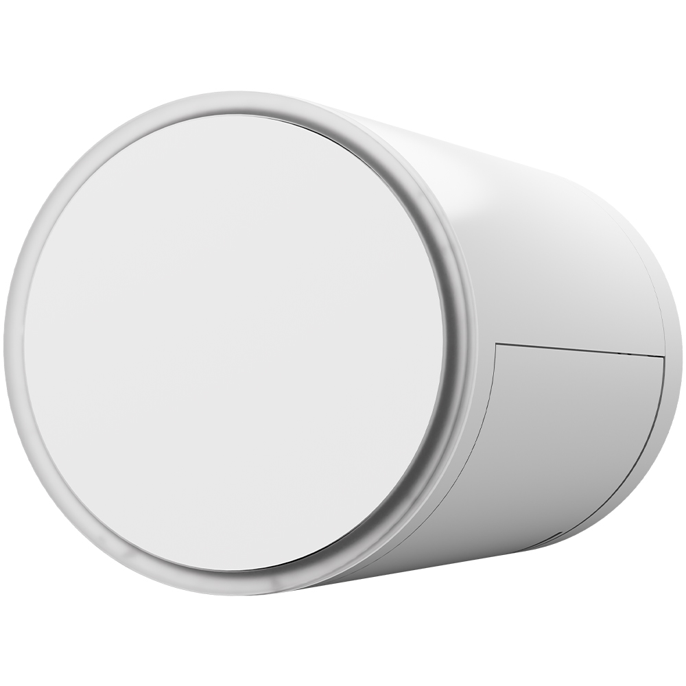 Ein weißer, zylindrischer, moderner Türknauf mit einem glatten, runden Design und einem matten Finish.