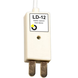 Ein LD-12 Flutdetektor in cremefarbener Gehäusefarbe mit zwei metallischen Sensorstiften und einer Beschriftung auf der Vorderseite.