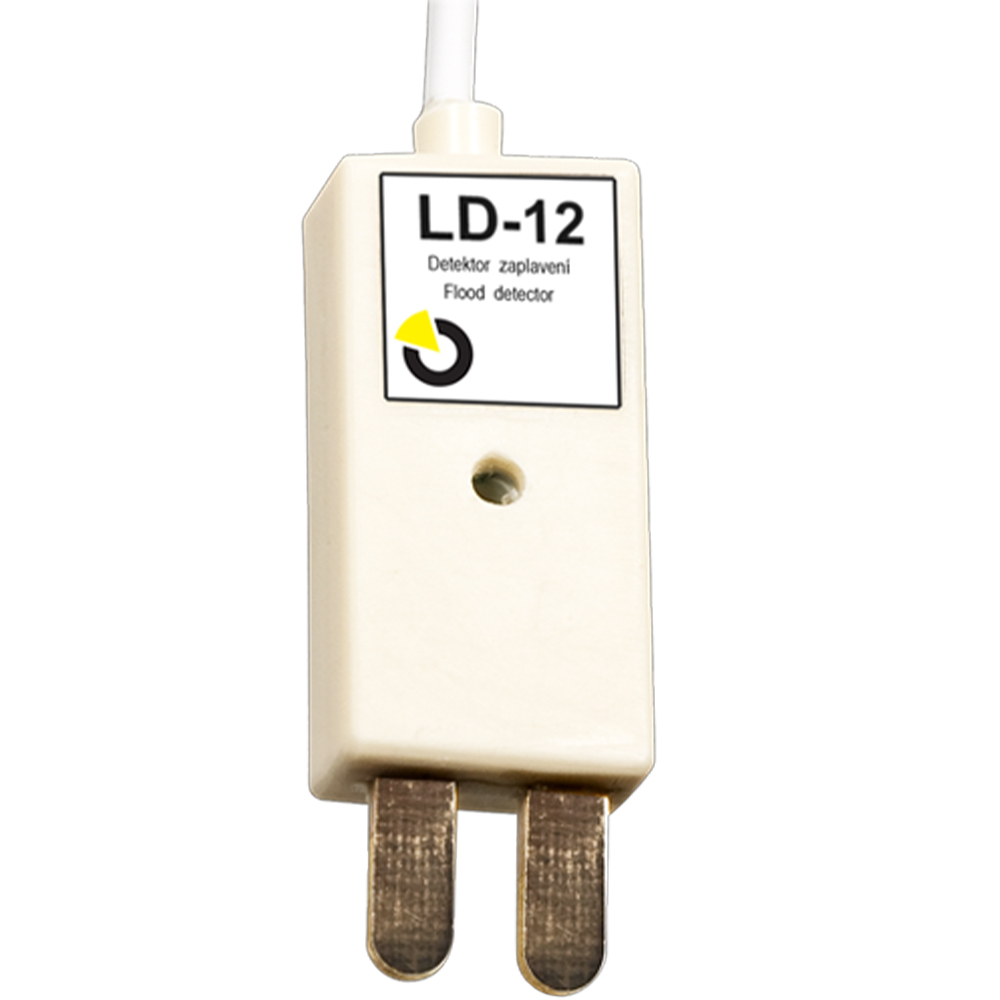 Ein LD-12 Flutdetektor in cremefarbener Gehäusefarbe mit zwei metallischen Sensorstiften und einer Beschriftung auf der Vorderseite.