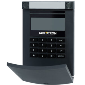 Schwarzes Sicherheitstastenfeld mit Display und dem Wort "Jablotron" darunter, in einer rechteckigen Form mit einer abgerundeten Abdeckung unten.