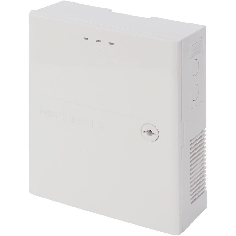 Weiße Netzteilbox mit Lüftungsschlitzen an der Seite und einem Schlüsselloch an der Vorderseite.